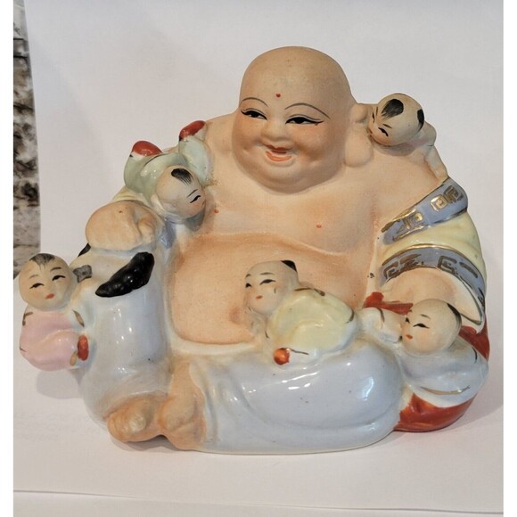 Chinese Ceramic/Porcelain Laughing Buddha with 5 Children Statue Fertility VTG - Picture 1 of 10
